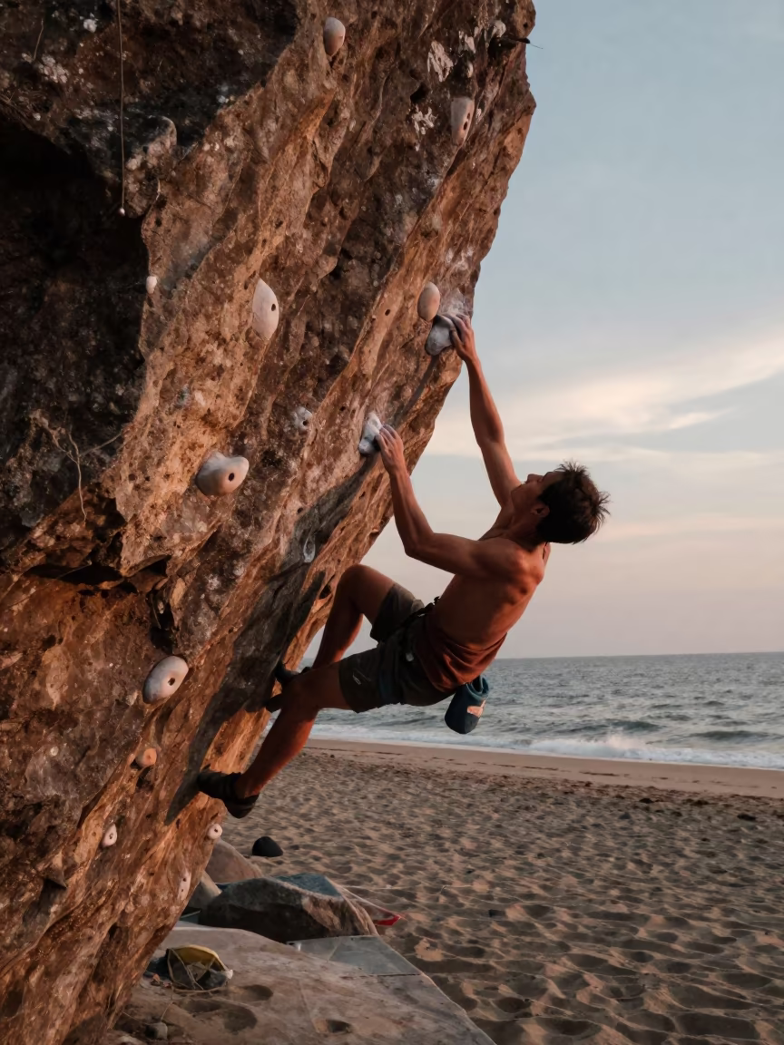 Climber Dynoing on Beach Boulder at Golden Hour in along a beach near Menteng, Jakarta
