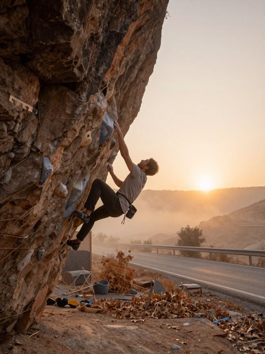 Climber Dyno at Sunset Roadside Stop Ar Ramtha in at a roadside stop near Ar Ramtha