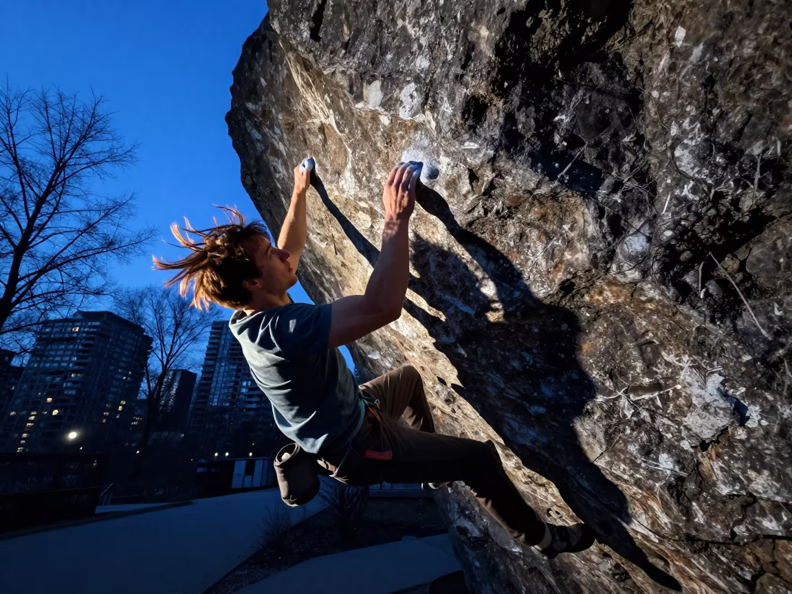 Climber Dynoing on Hillside Boulders at Blue Hour in on a hillside near Toronto