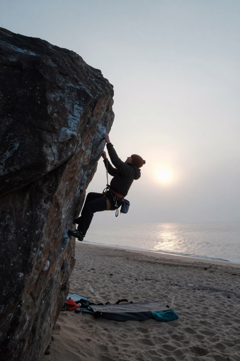 Climber Dynoing at Twilight on Misty Beach in along a beach near Franceville