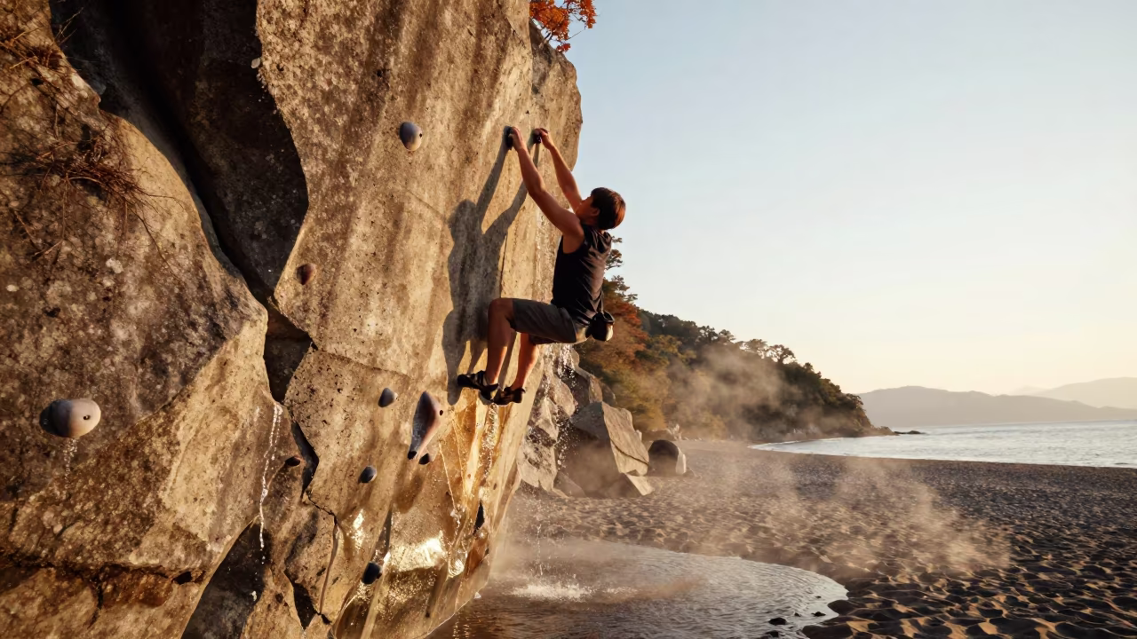 Climber Dynoing Uphill on Toyama Beach in along a beach near Toyama