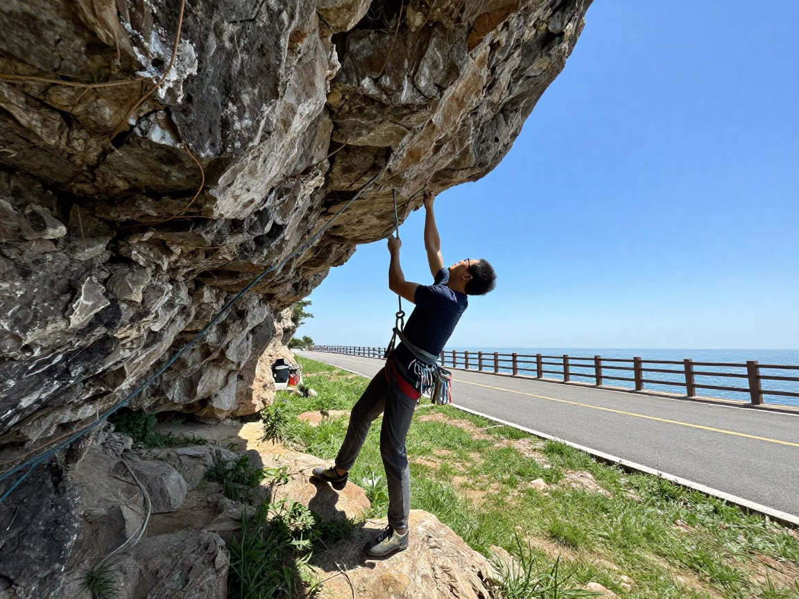 Climber Heel Hook on Overhang Noon Qingdao in at a roadside stop near Qingdao