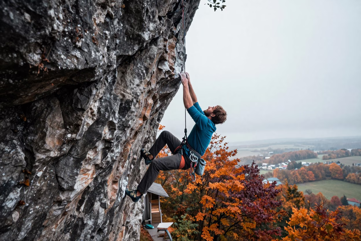 Climber Heel Hooking on Autumn Overhang in at a roadside stop near Bydgoszcz