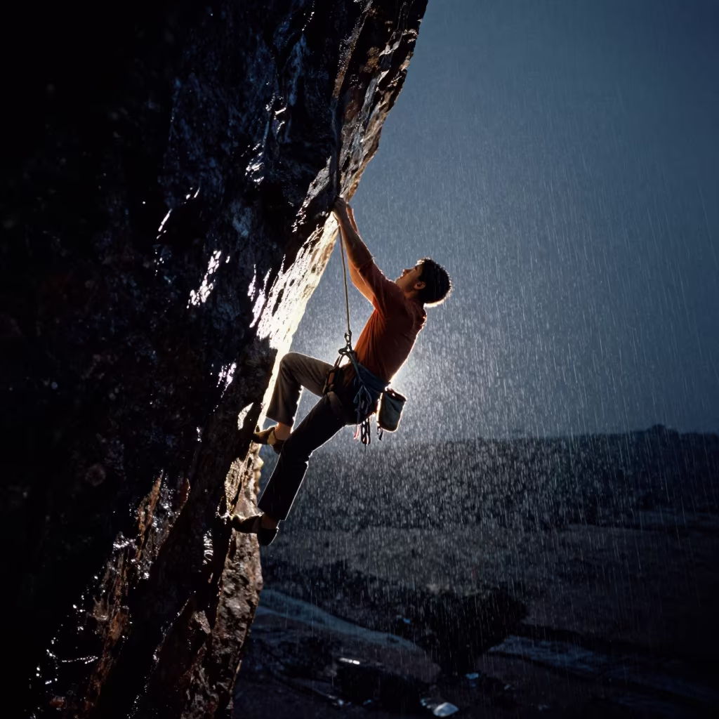 Climber Heel Hooking on Overhang in Midnight Rain in near open fields near Amarah