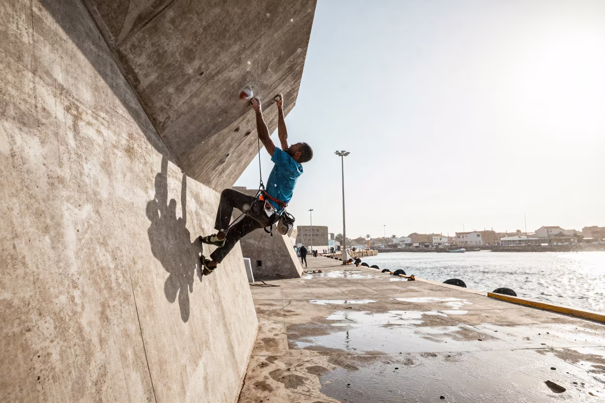 Climber on Nouakchott Quay in Snow and Sun in at a harbor quay near Nouakchott