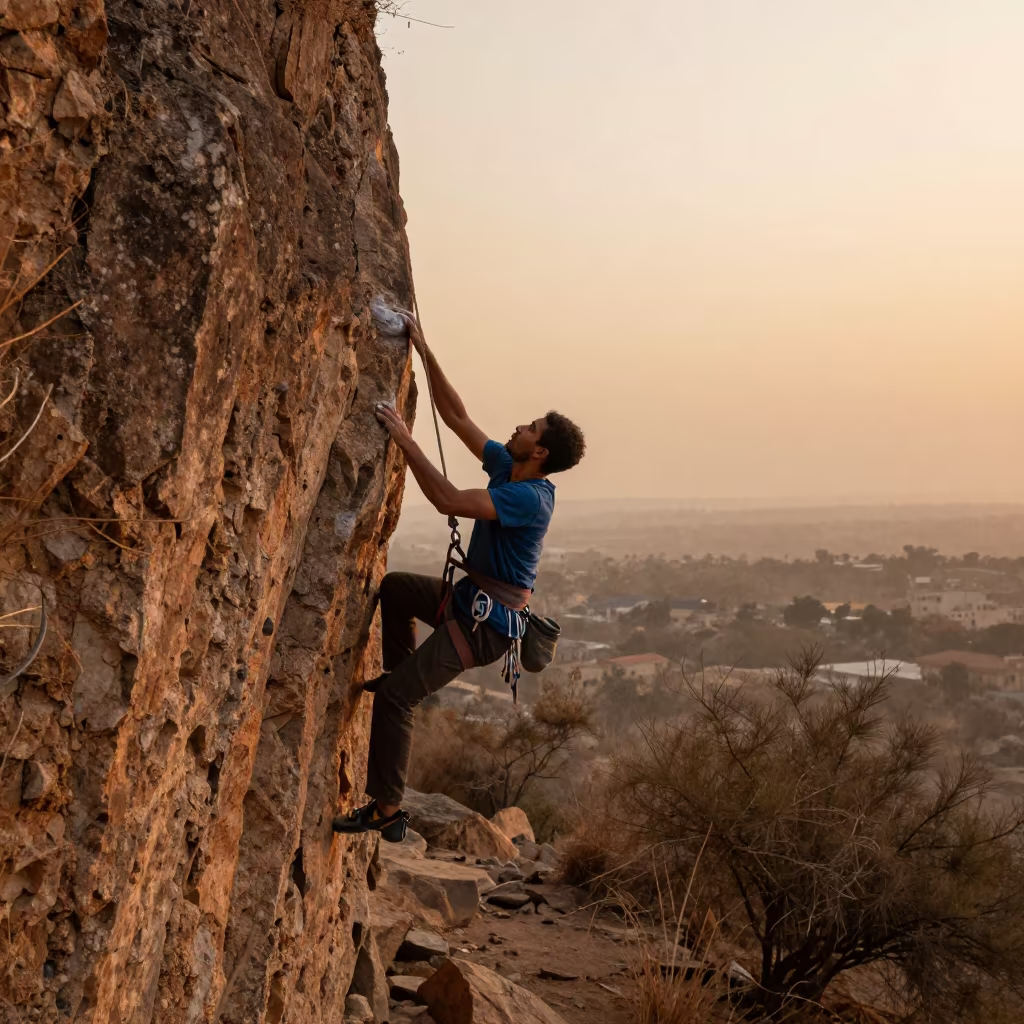 Climber Reaching Amber Sunset Light Mogadishu Hillside in on a hillside near Mogadishu