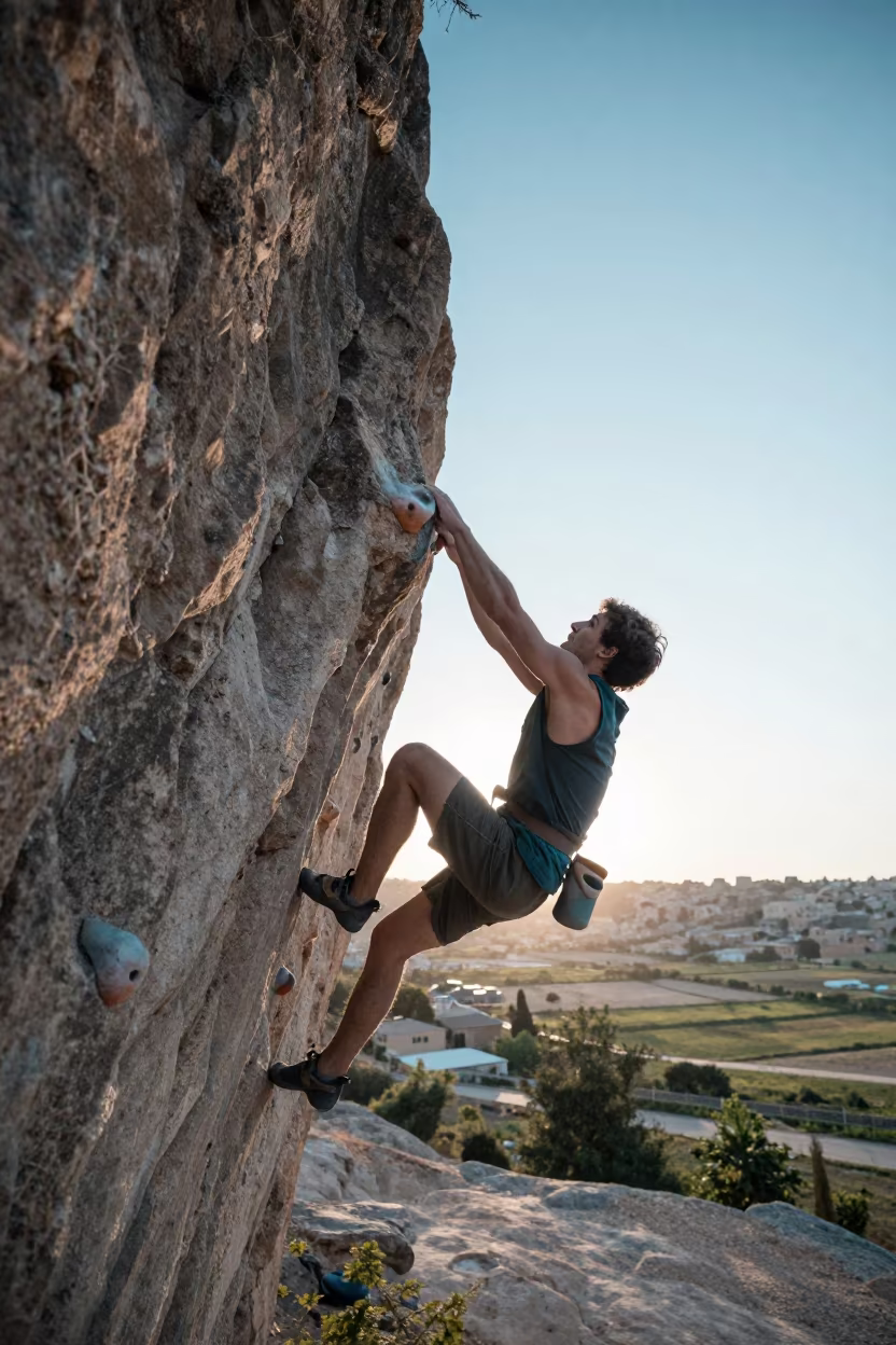 Climber Reaching Hold Before Sunrise in Jordan in near open fields near Amman
