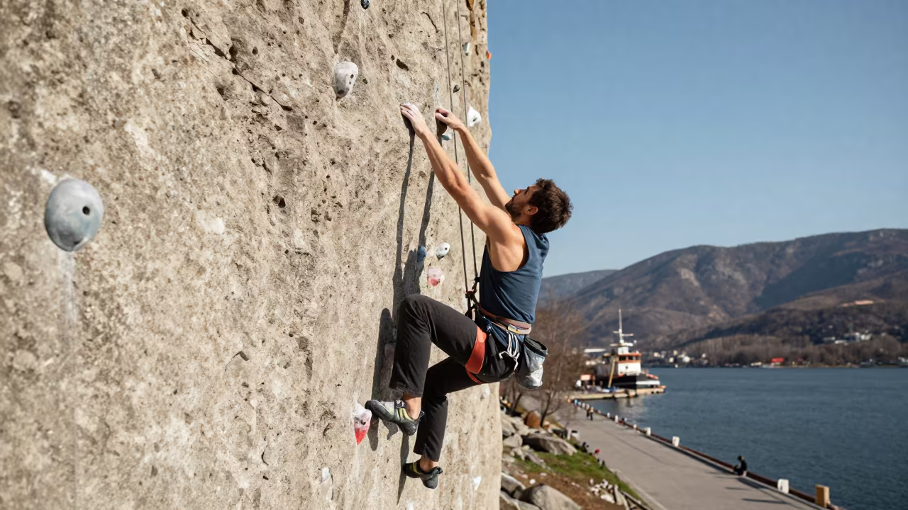 Climber Reaching for Hold on Nizhny Novgorod Quay in at a harbor quay near Nizhny Novgorod