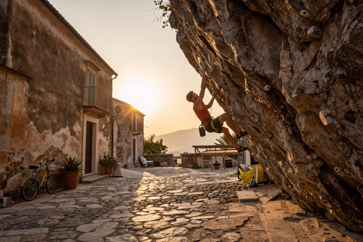 Climber Reaching Hold on Village Lane Overhang at Sunset in in a village lane near Messina