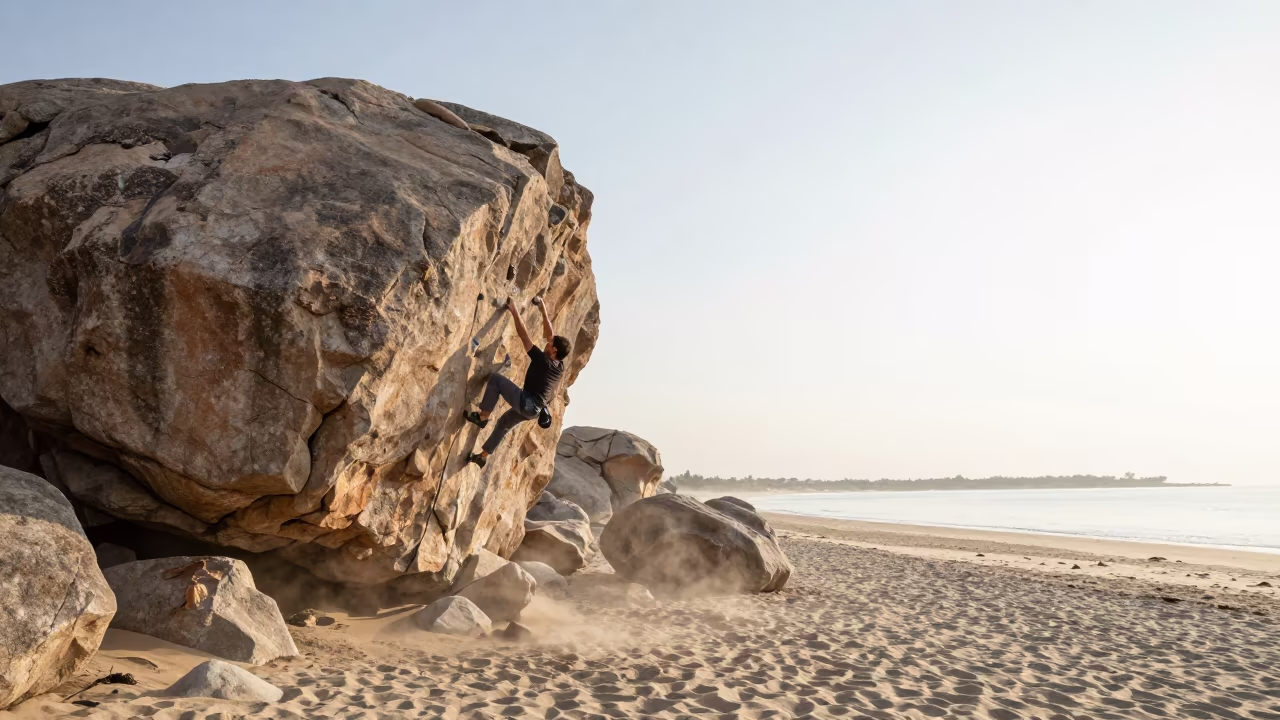 Climber Reaching Hold on Wet Beach Near Mashhad in along a beach near Mashhad