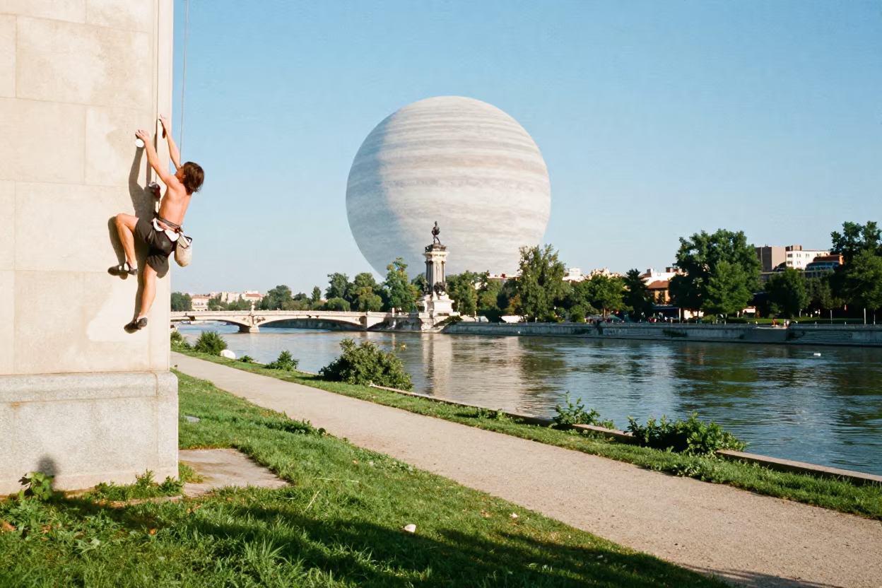 Climber scales wall under ringed planet in by a riverbank near Retiro, Madrid