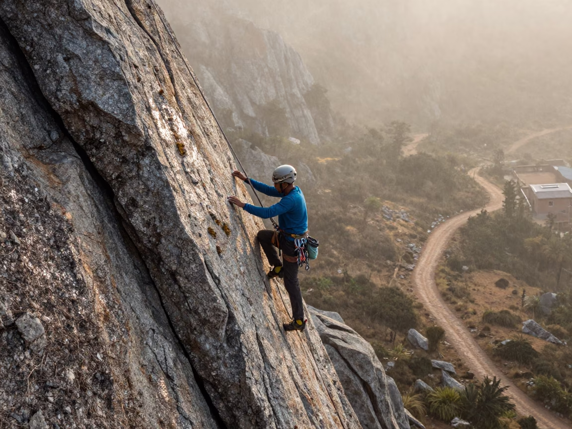 Climber Topping Granite Spire After Rain in on a mountain path near Kismayo