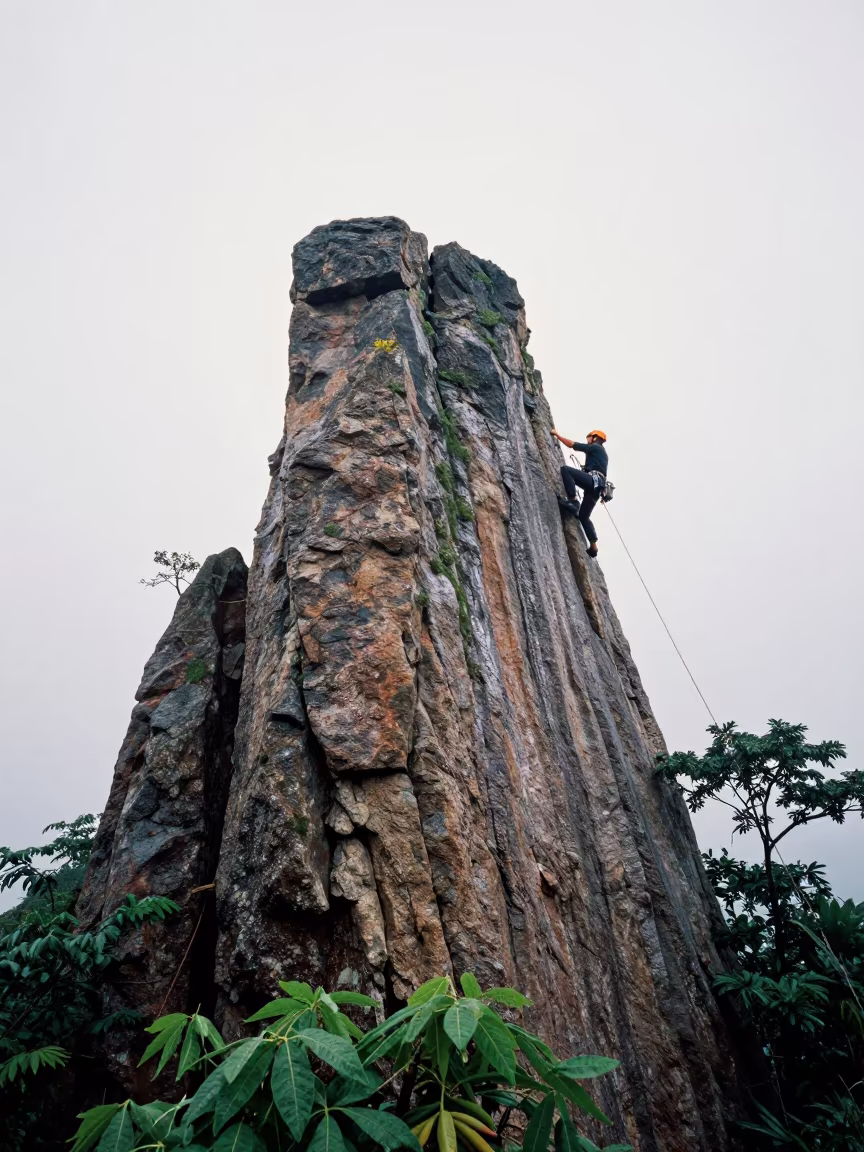 Climber Topping Granite Spire in Jizan Wet Season in on a mountain path near Jizan