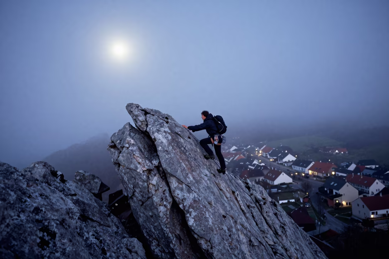Climber Topping Granite Spire in Misty Dawn in in a village lane near Cebu