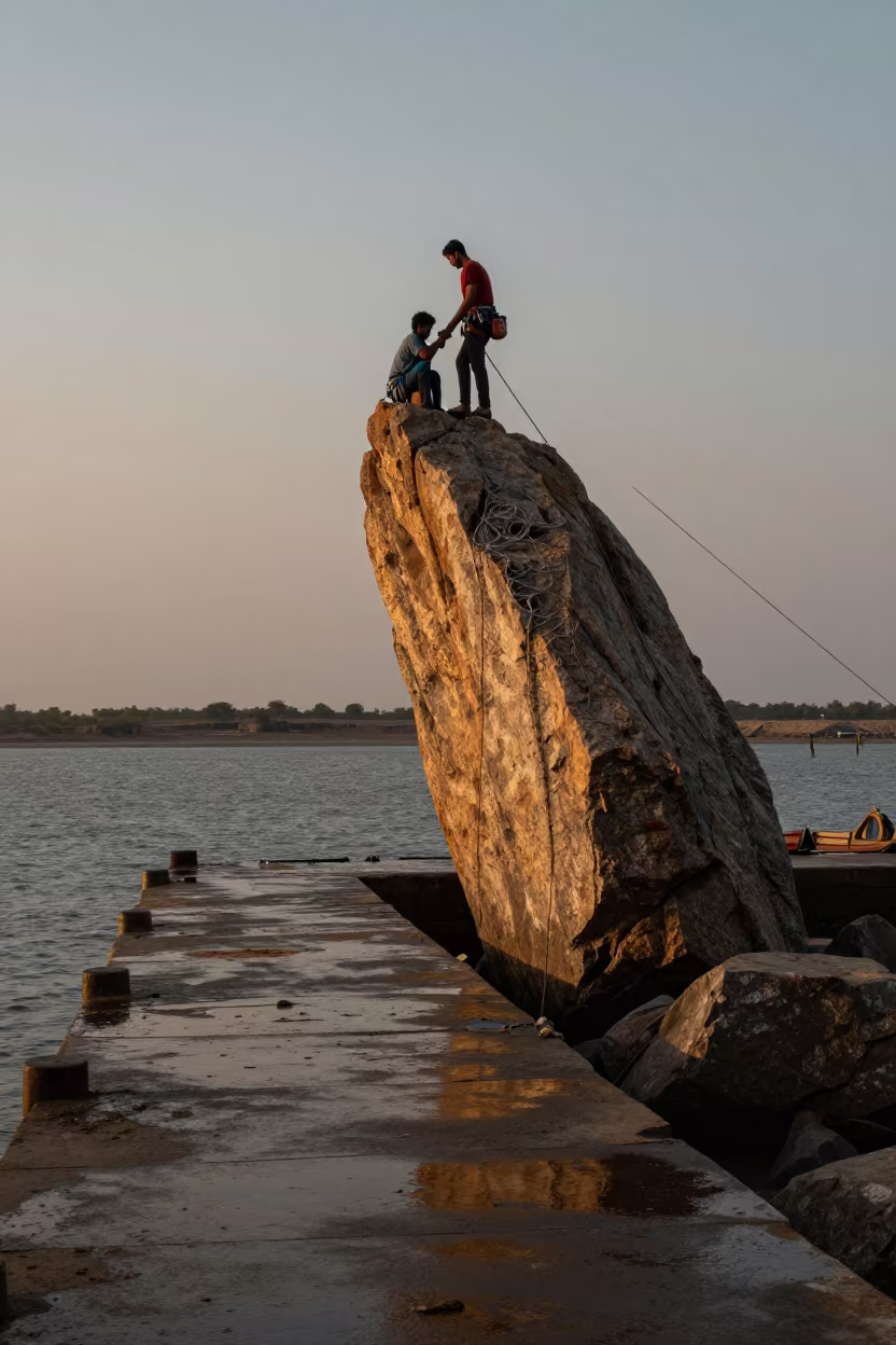 Climber Tops Granite Spire at Harbor Quay in at a harbor quay near Hanumangarh