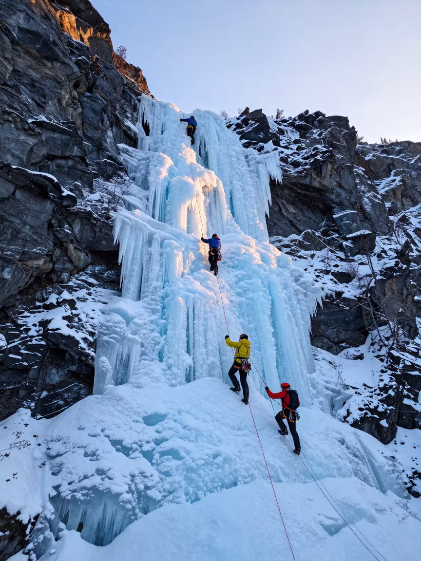 Climbers Ascend Blue Ice Waterfall at Sunrise in on a hillside near Murmansk