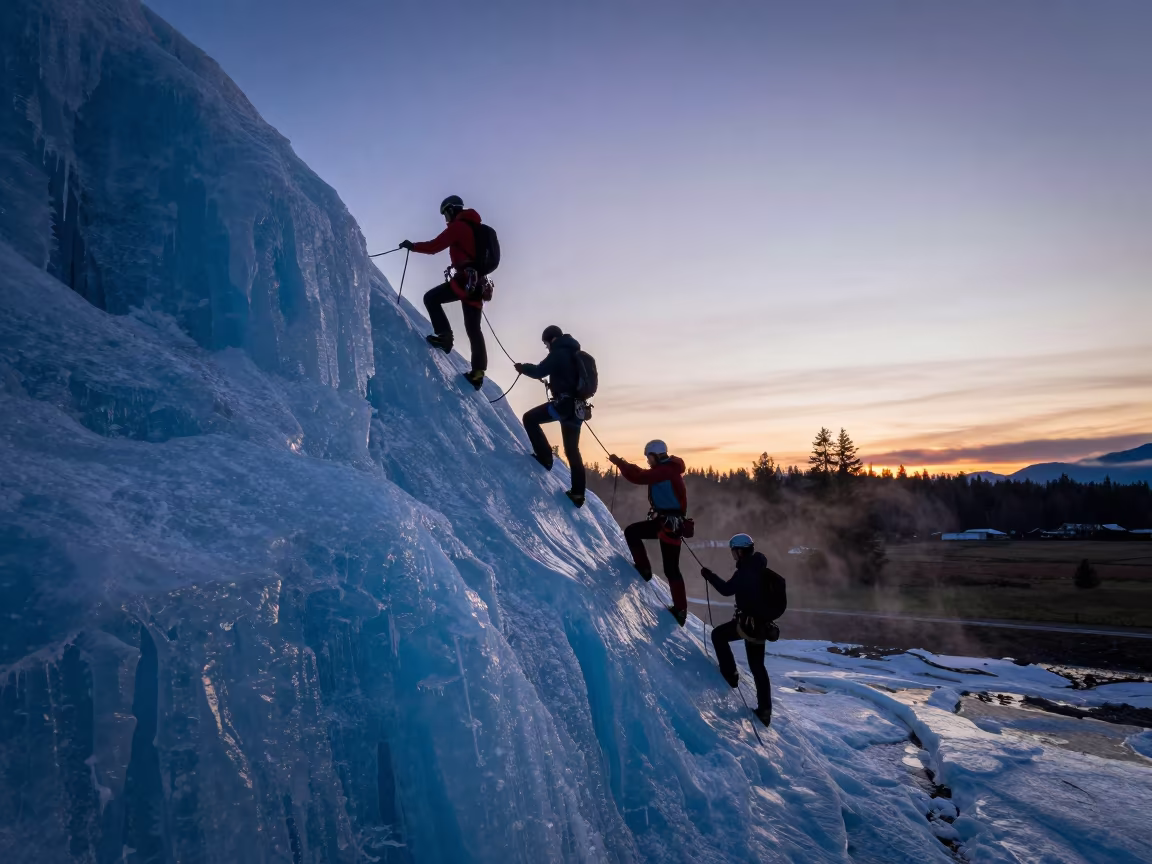 Climbers Ascend Frozen Waterfall in Vancouver Twilight in near open fields near Chinatown, Vancouver
