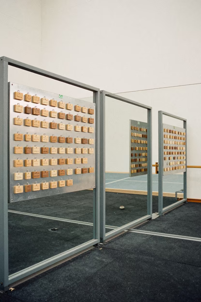 Climbing Belay Tag Board Midmorning Reset in inside a climbing gym warmup zone near Bloemfontein