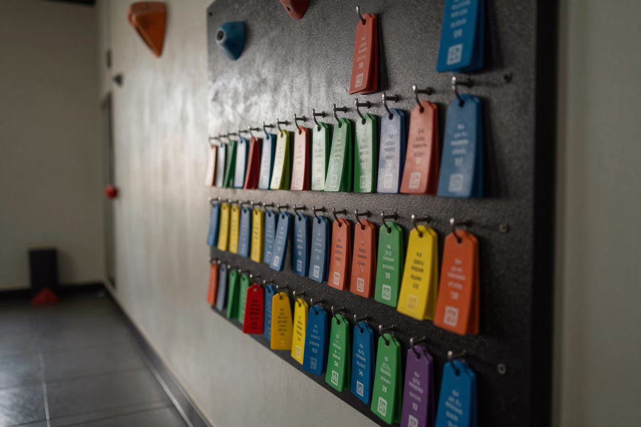 Climbing Belay Tag Board Reset in inside a strength room near Kampong Cham