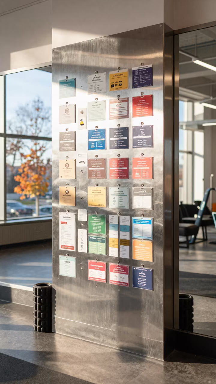 Climbing Belay Tag Board in St Petersburg Lounge in inside a recovery lounge beside foam rollers in St Petersburg