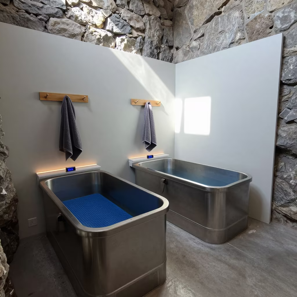 Climbing Gym Cold Plunge Station with Timer Cards in inside a climbing gym warmup zone in San Cristobal de las Casas