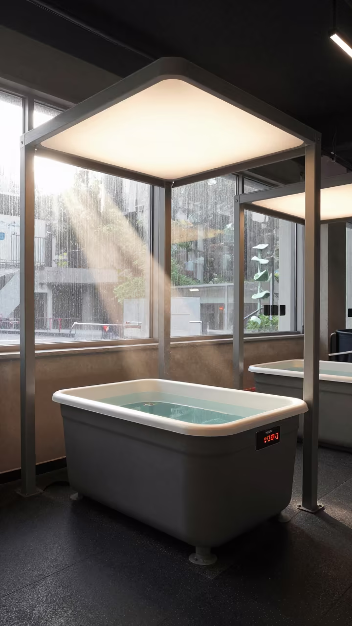 Climbing Gym Cold Plunge Timer Stand in inside a climbing gym warmup zone near Nizamabad