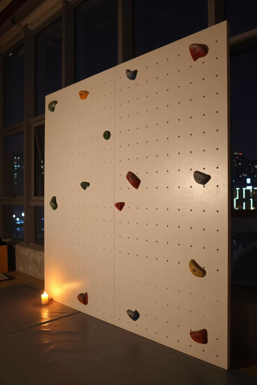 Climbing Gym Milestone Pegboard Candlelight Evening in inside a climbing gym warmup zone near Changchun