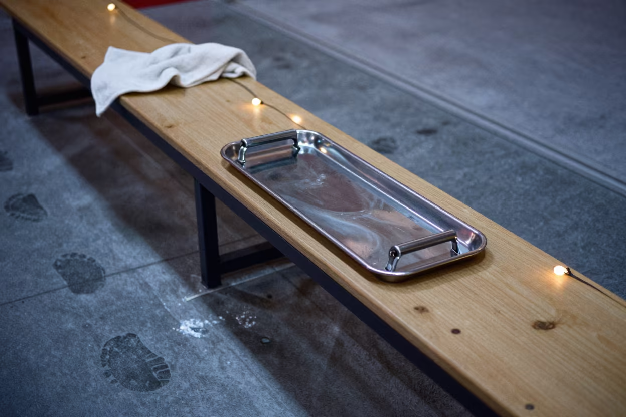 Climbing Gym Ratchet Tray with Wet Footprints in inside a climbing gym warmup zone near Kanazawa