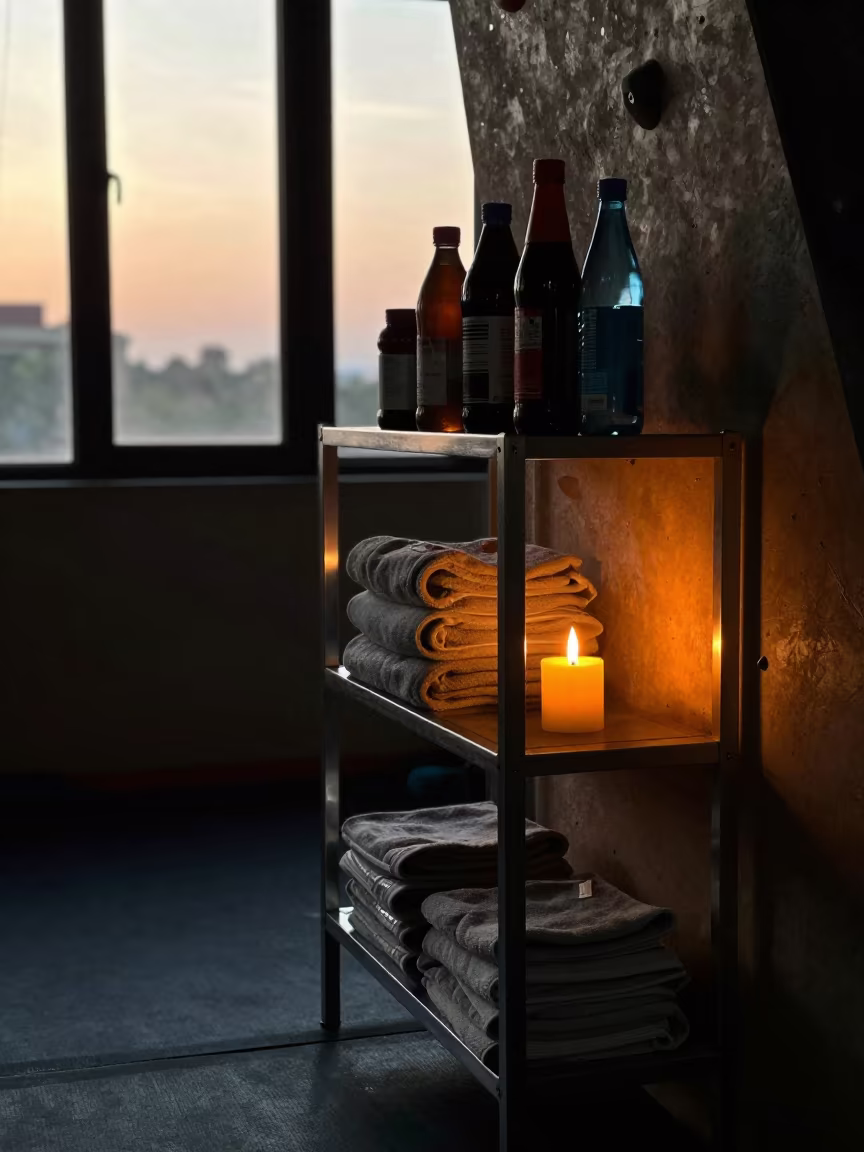 Climbing Gym Shelf Sunset Glow in inside a climbing gym warmup zone near Jalgaon