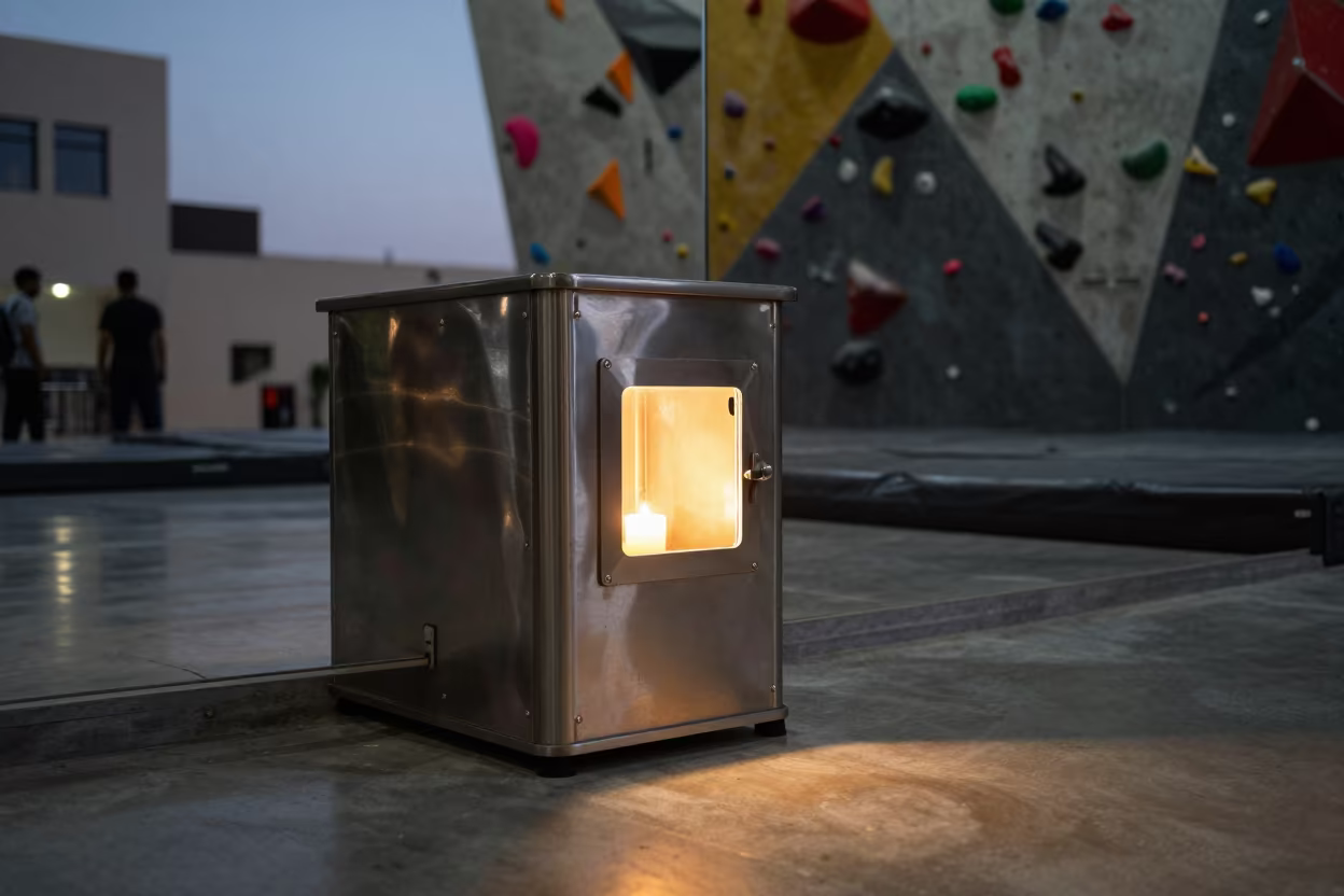 Climbing gym sleeve wash bin twilight Kuwait in inside a climbing gym warmup zone near Kuwait City