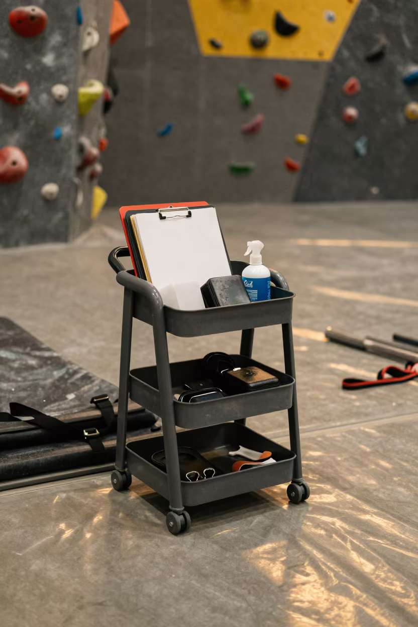 Climbing Gym Warmup Caddy with Fitness Gear in inside a climbing gym warmup zone in Radom