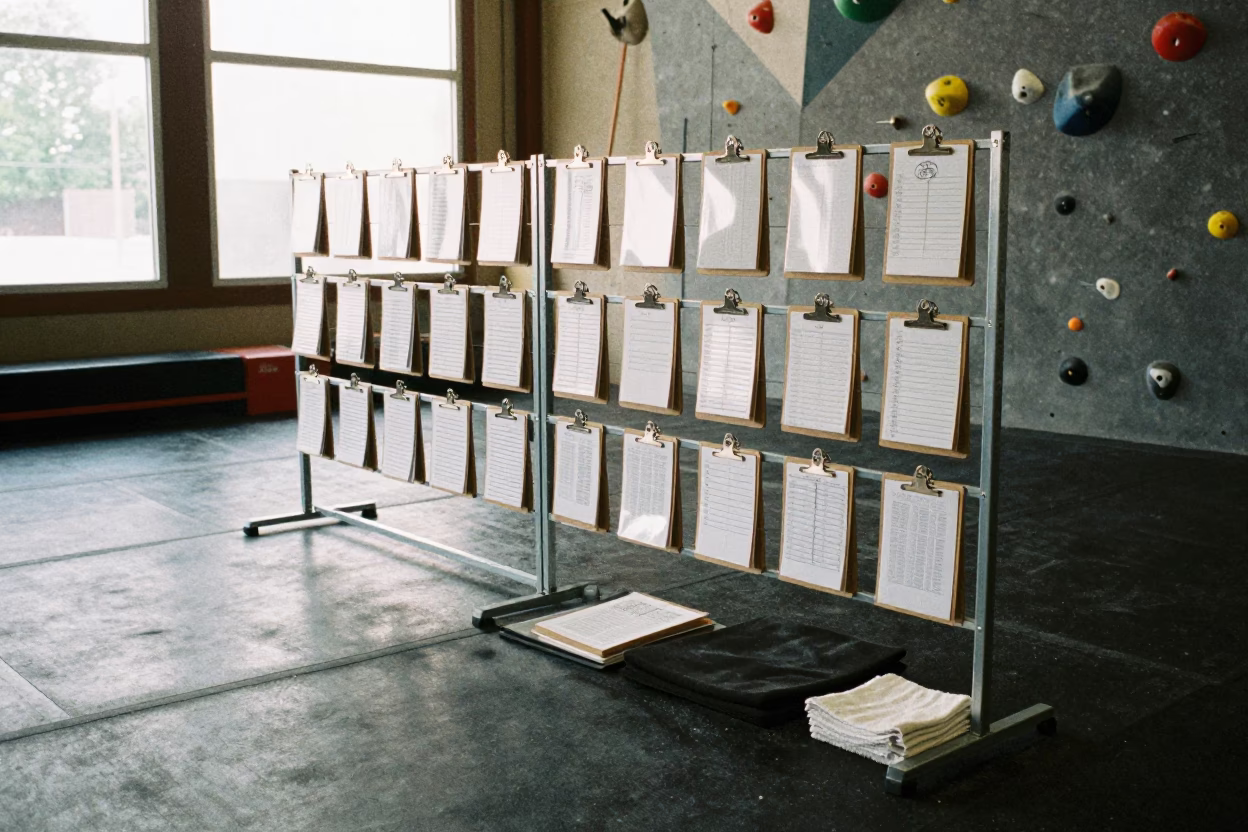 Climbing Gym Warmup Zone Placard Rack in inside a climbing gym warmup zone in Atlanta