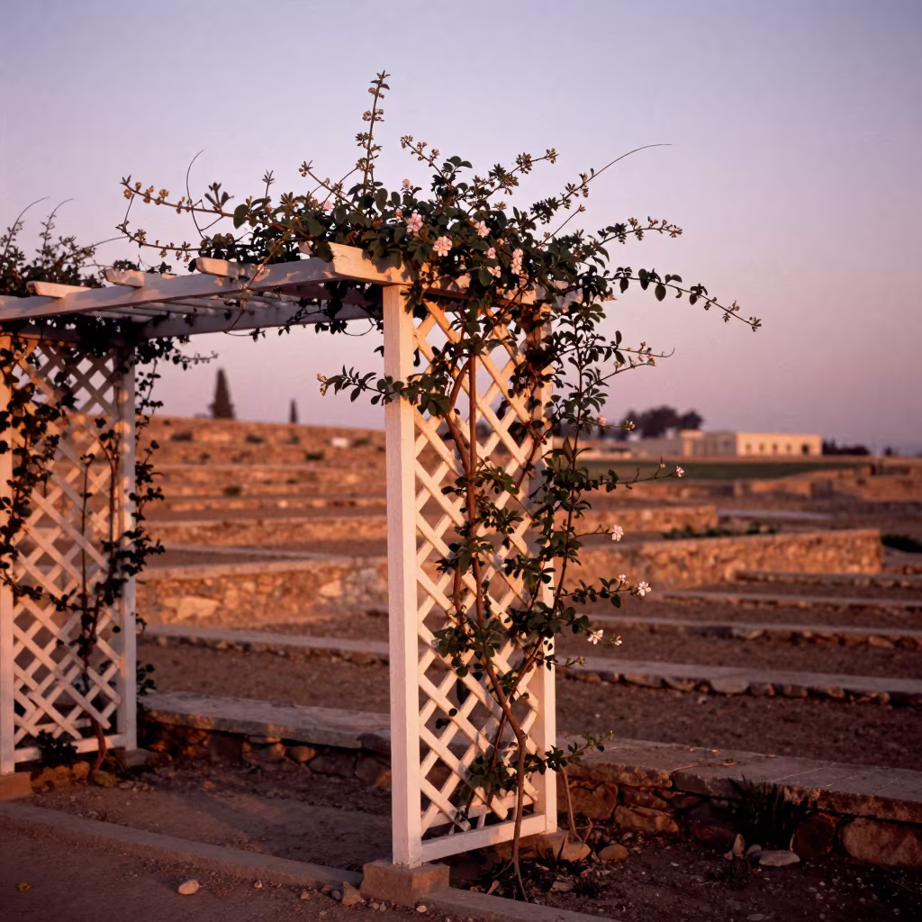 Climbing Jasmine on Trellis in Terraced Medina Garden in among terraced garden plots near Medina