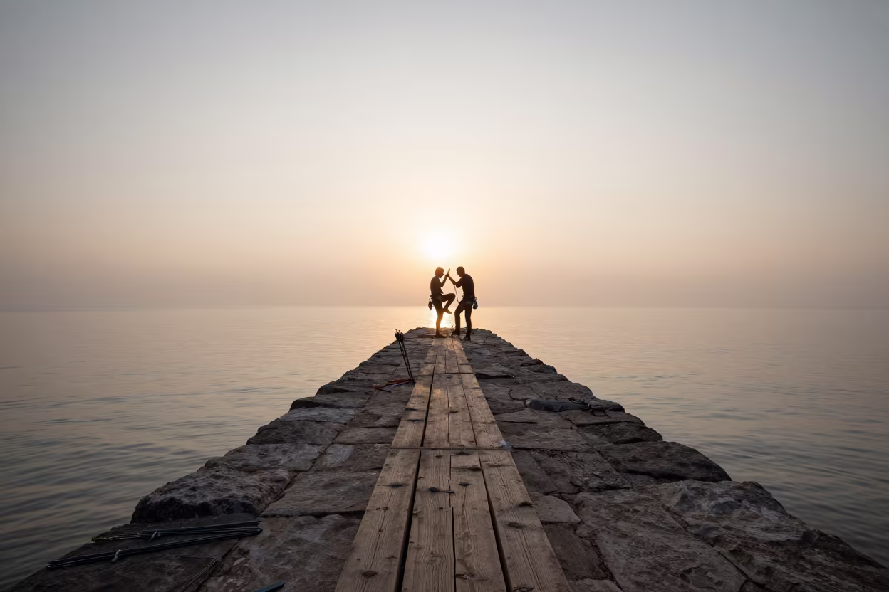 Climbing Ledge Beside Arrows at Dawn in at a harbor quay near Morelia
