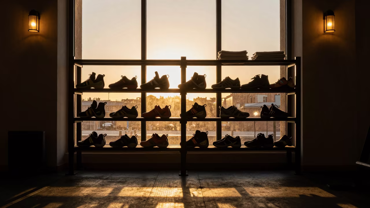Silhouetted Climbing Shoe Deodorizer Shelf Casablanca in inside a strength room in Corniche, Casablanca