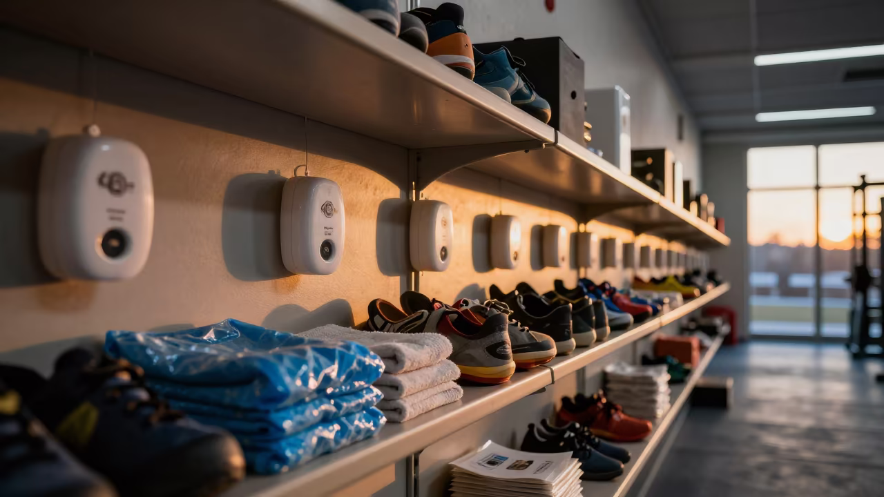 Climbing Shoe Deodorizer Shelf in Freiburg Strength Room in inside a strength room in Freiburg