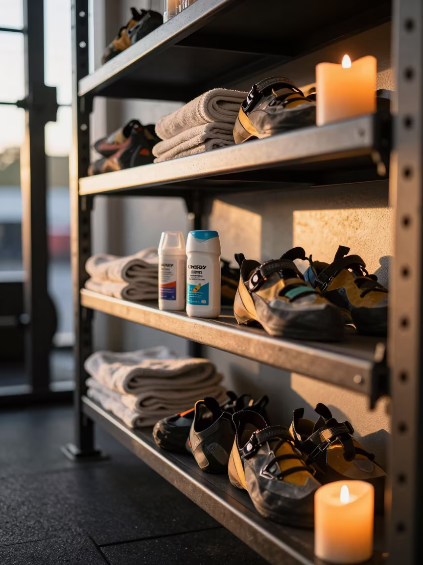 Climbing Shoe Deodorizer Shelf Golden Hour in inside a strength room near Tampa