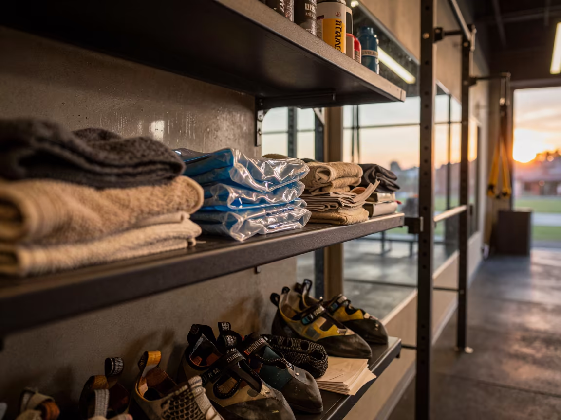 Climbing Shoe Deodorizer Shelf in Lhasa Gym in inside a climbing gym warmup zone in Lhasa