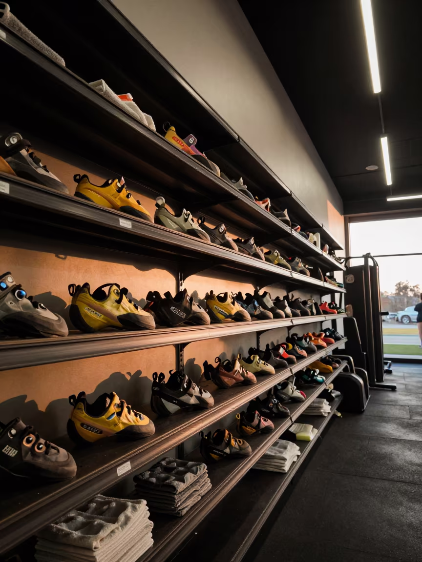 Climbing Shoe Deodorizer Shelf Low Angle in inside a climbing gym warmup zone in Manzanillo