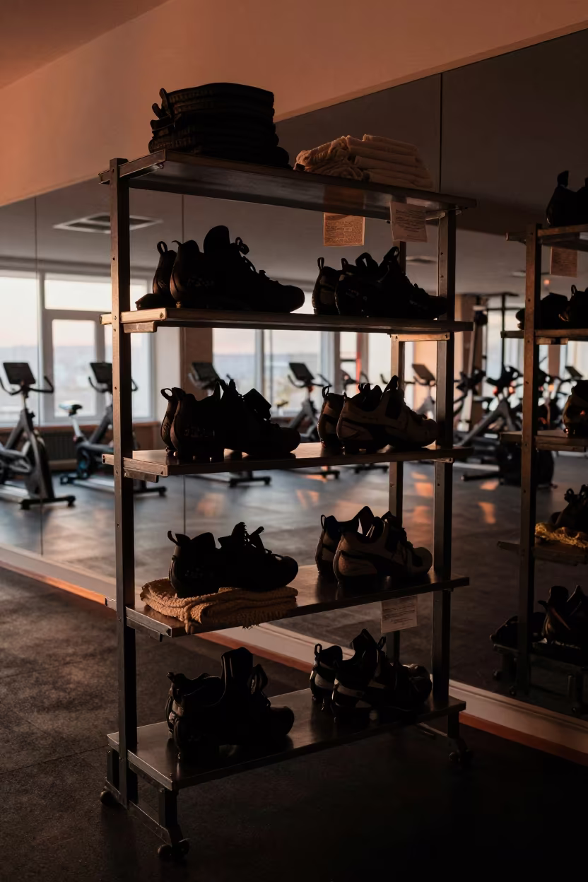 Silhouetted Climbing Shoe Spray Shelf in Spin Studio in inside a spin studio under class lights near Oradea