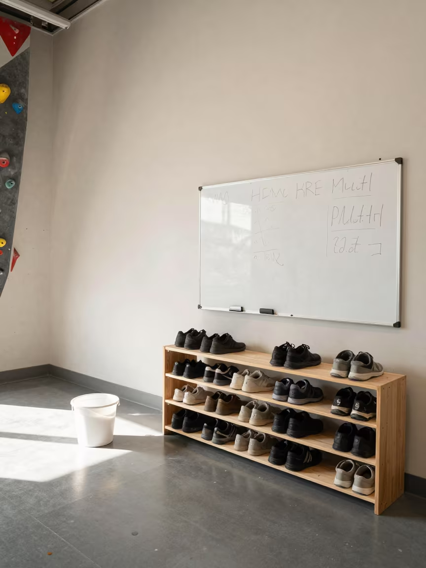 Climbing warmup zone with chalk bucket in inside a strength room in Van
