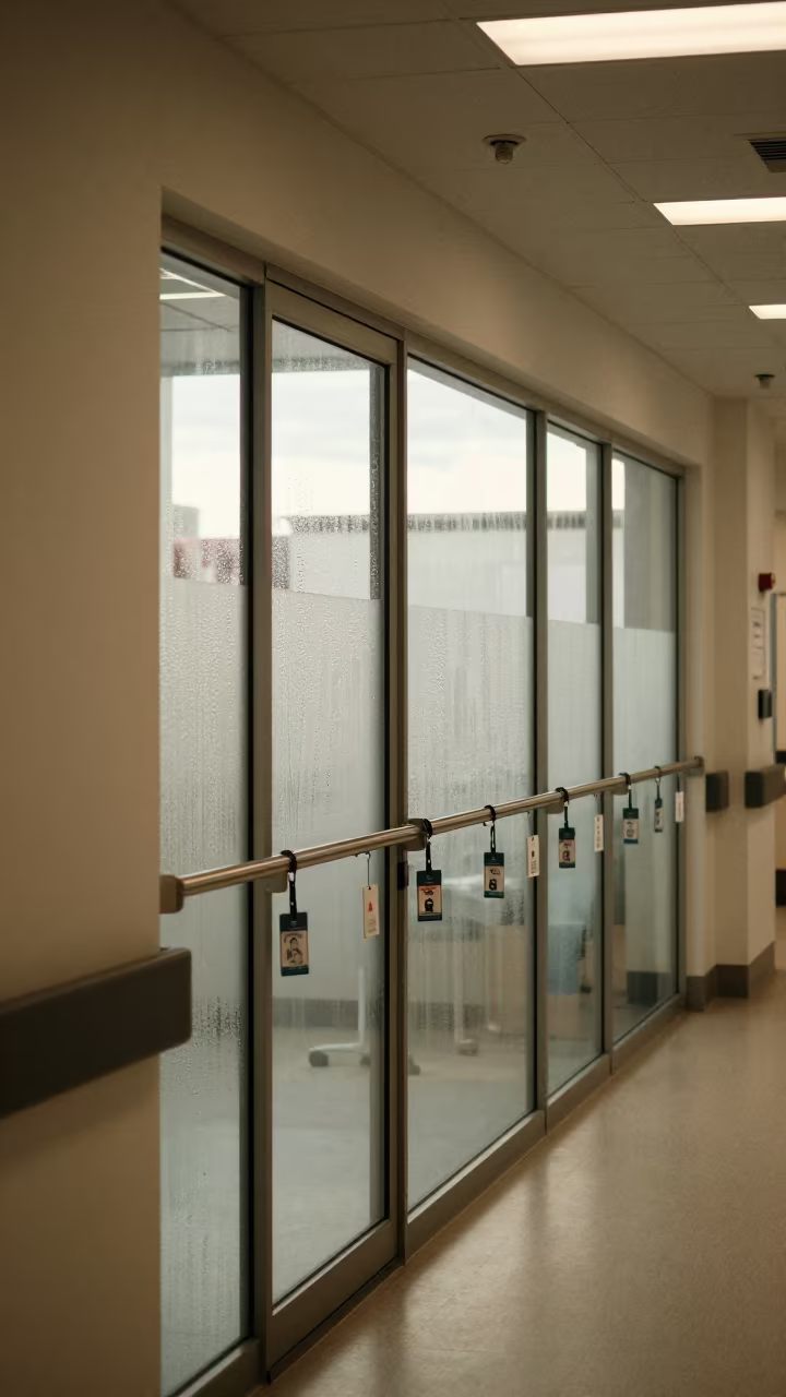 Clinic Badge Rail with Condensation on Glass in inside a hospital corridor in Sydney