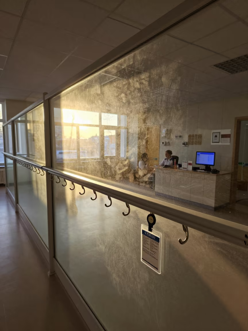Clinic Badge Rail in Golden Hour Light in at a nurse station under monitor glow in Yekaterinburg