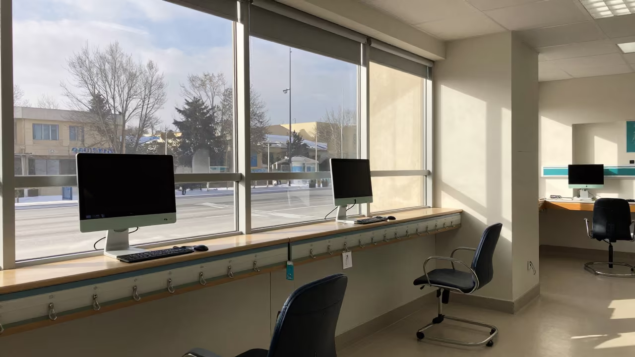 Clinic Badge Rail in Irbid Nurse Station in at a nurse station under monitor glow in Irbid