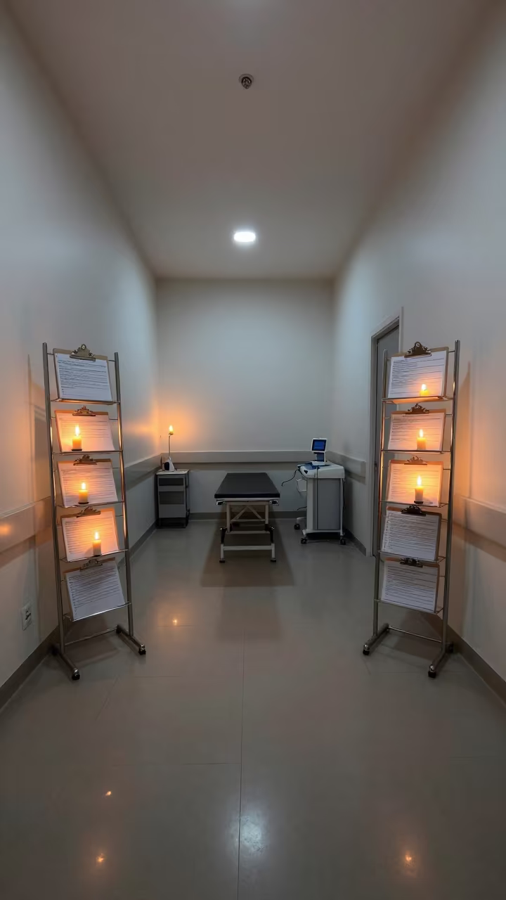 Clinic Clipboard Rack With Candlelight in inside a clinic exam room in Lusaka
