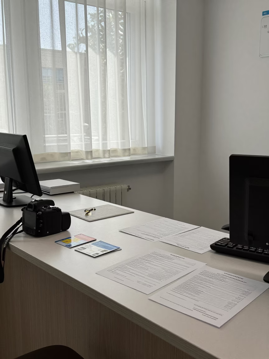 Clinic Intake Desk Before Morning Service in inside a rehabilitation gym near Skopje