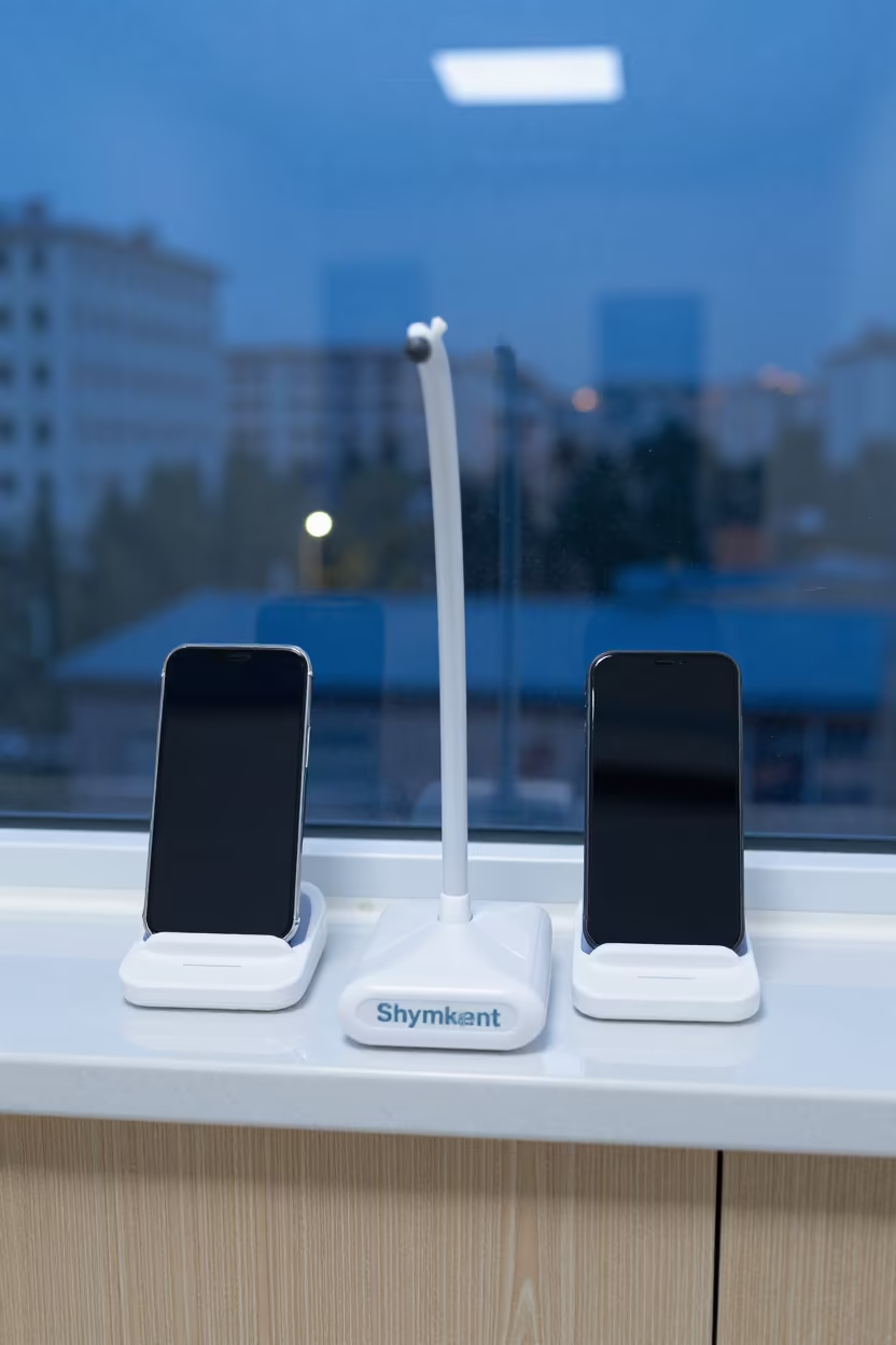 Clinic Interpreter Phone Dock Midday Reset Shymkent in inside a clinic exam room in Shymkent