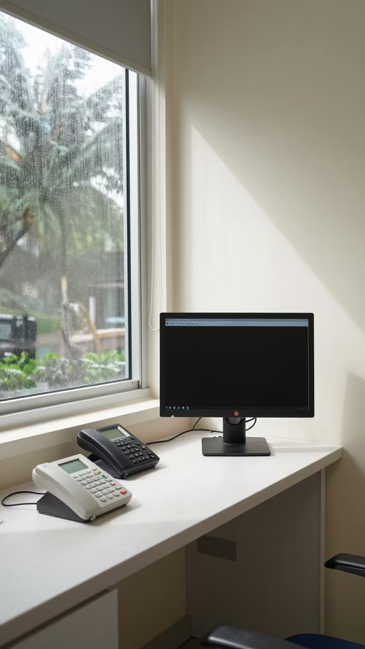 Clinic Interpreter Phone Dock at Nurse Station in at a nurse station under monitor glow in Koh Samui