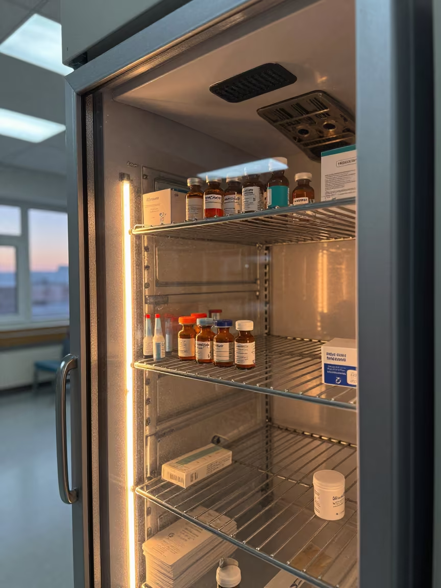 Clinical Fridge Shelf in Kütahya Hospital in inside a hospital corridor in Kütahya