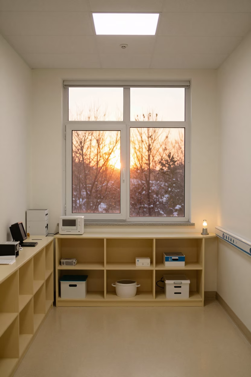 Clinical Putty Shelf in Honey Light in along a therapy corridor with organized equipment near Jinan